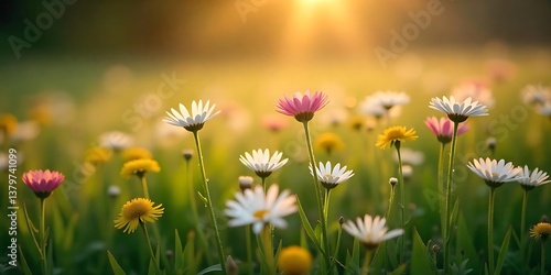 Meadow with lots of white and pink spring daisy flowers and yellow dandelions