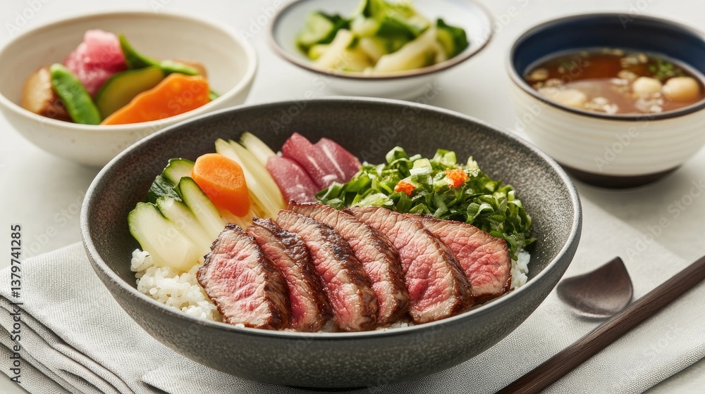A beautifully plated Japanese-style beef bowl with miso soup and pickled vegetables in the background A beautifully plated Japanese-style beef bowl with miso soup and pickled vegetables in the background