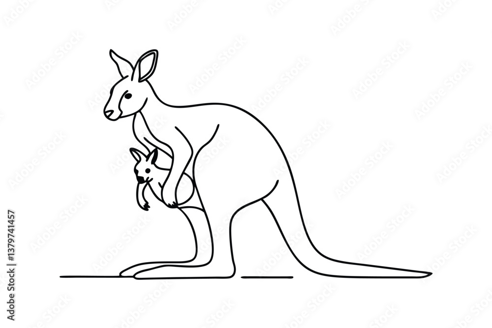 Fototapeta premium Mother Kangaroo Protecting Joey Line Art, Australian Wildlife