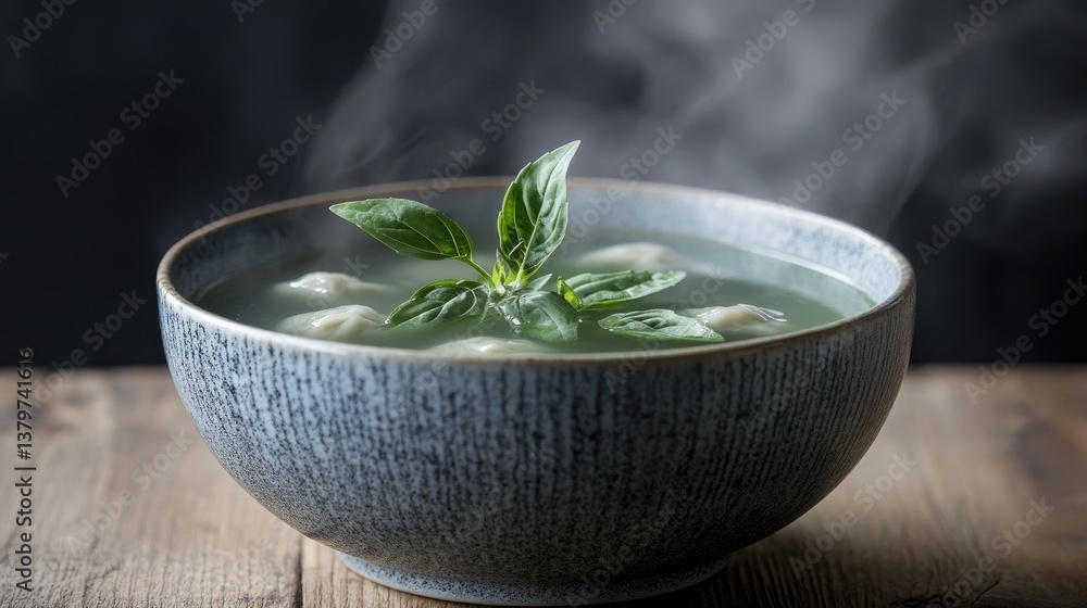 A bowl of steaming hot dumpling soup with fresh herbs floating on top A bowl of steaming hot dumpling soup with fresh herbs floating on top