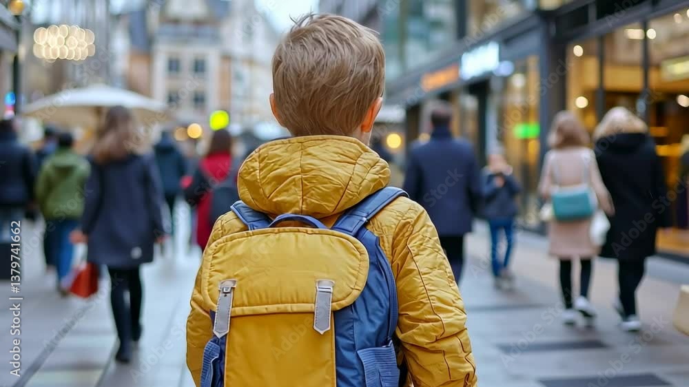 Child in Yellow Jacket Walking Through Busy Urban Street Scene Child in Yellow Jacket Walking Through Busy Urban Street Scene