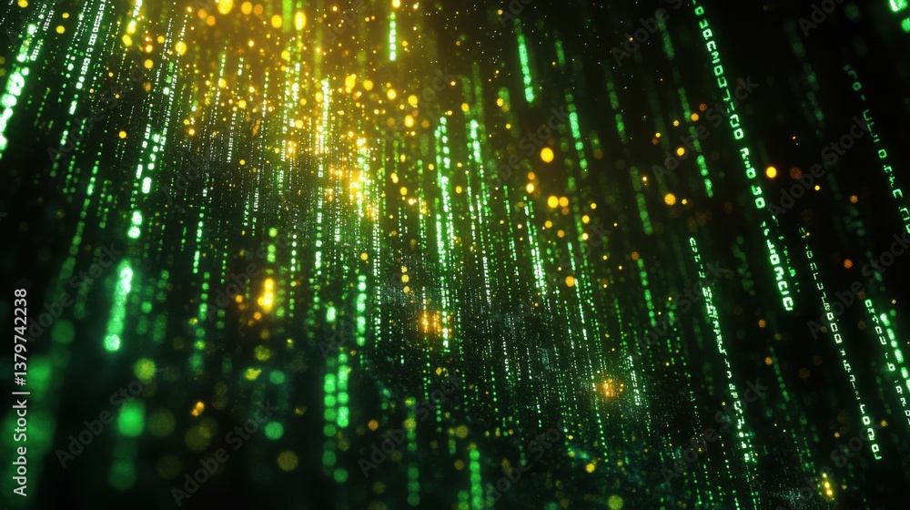 Obraz premium Abstract Digital Data Stream Glowing Green and Gold Binary Code Falling Background