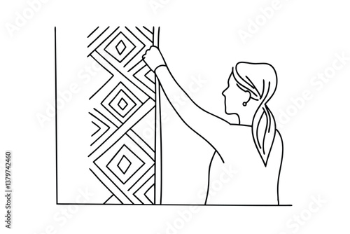 Woman Installing Geometric Patterned Wallpaper Home Decor DIY Project