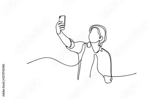 Single Line Drawing Selfie Person Smartphone Technology Portrait Minimalist Art