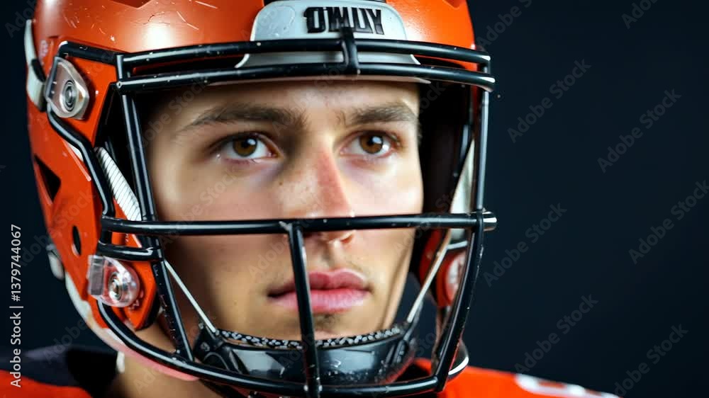 Young Athlete in Football Helmet with Intense Expression and Gear Young Athlete in Football Helmet with Intense Expression and Gear