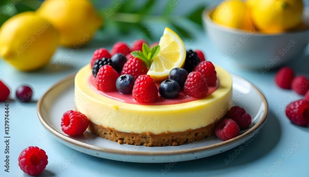 A close-up shot features a cheesecake adorned with fresh berries and a lemon slice, set on a speckled gray plate A close-up shot features a cheesecake adorned with fresh berries and a lemon slice, set on a speckled gray plate