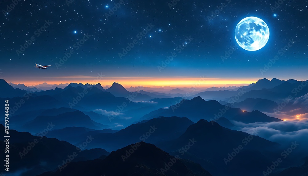 Majestic Mountain Range with Full Moon and Airplane at Night Majestic Mountain Range with Full Moon and Airplane at Night