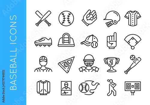 Baseball icons. Set of 20 baseball trendy minimal icons. Ball, Field, But, Helmet icon. Design signs for web page, mobile app, packaging design. Vector illustration