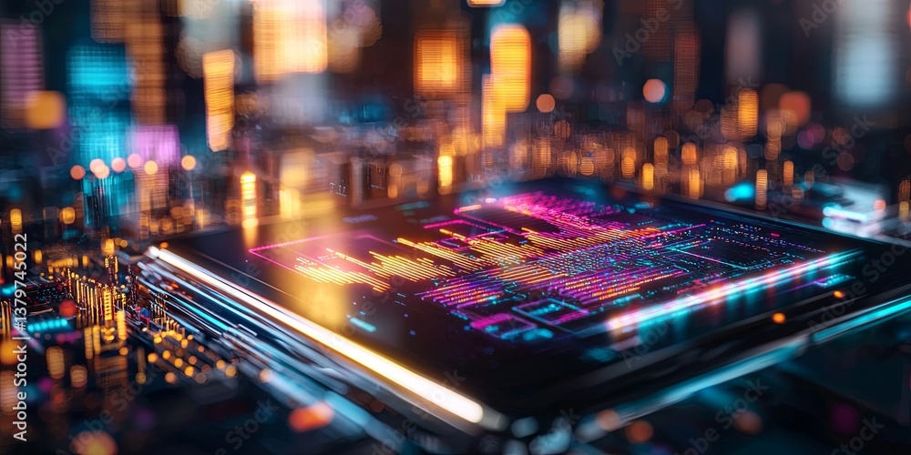 Obraz premium A sleek, holographic HUD dashboard illuminates a futuristic cyberpunk cityscape, showcasing vibrant virtual reality data projected onto a sleek, chrome-clad console, set