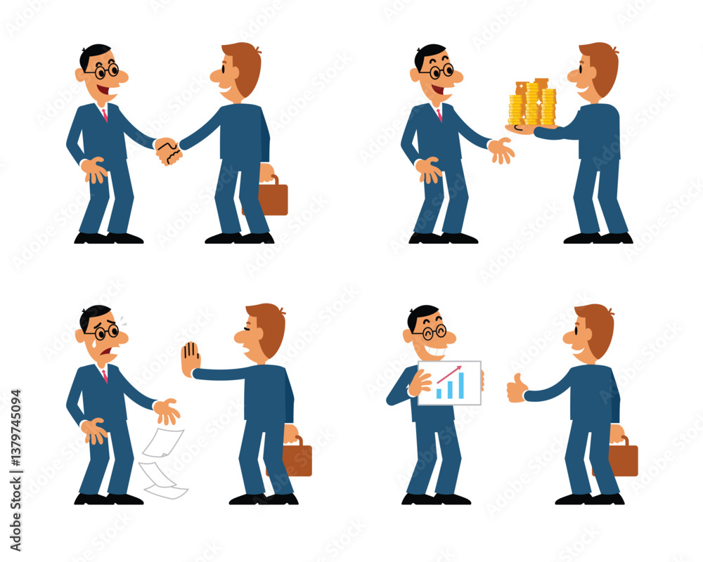 Businessman cartoon negotiating trade, agreeing and refusing investment. Businessman cartoon negotiating trade, agreeing and refusing investment.