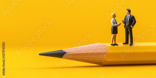 Two miniature figures, a man and a woman, engaged in a lively conversation, perched atop a vibrant yellow pencil, symbolizing the power of creativity, collaboration, and
