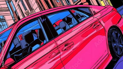 Pink car parked on city street, comic book style illustration.  Stylish, vibrant, and modern.