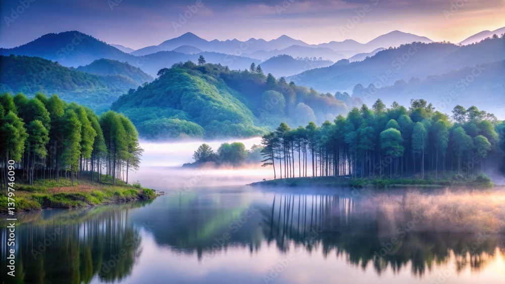 Fototapeta premium Serene Sunrise Over Misty Lake and Verdant Hills, Reflecting Tranquil Beauty in Still Waters