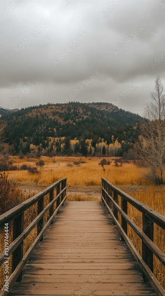 Fototapeta premium Wooden bridge leading to autumnal mountain landscape under a cloudy sky. Serene, peaceful scene.