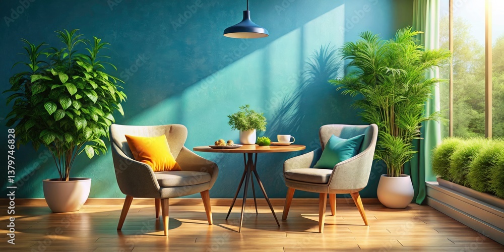 Obraz premium Sunny Room, Cozy Armchair, Round Table, Greenery, Blue Wall - Food Photography
