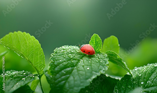 Dewy Ladybug on Leaf in Vibrant Green Nature Environment