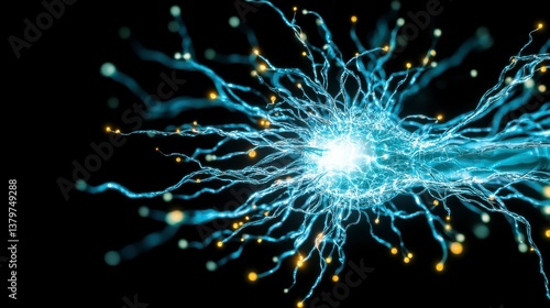 Abstract Blue Electric Neural Connections With Glowing Particles on Black Background
