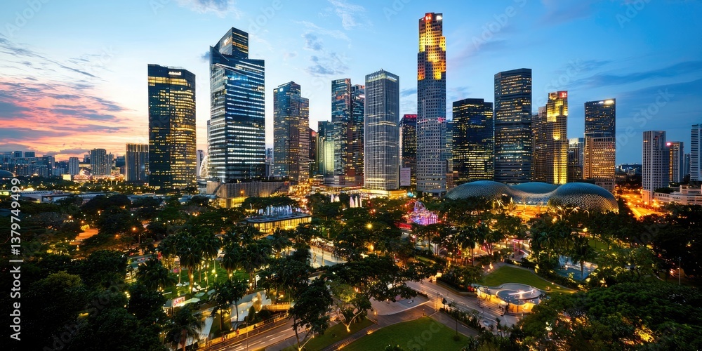 Naklejka premium A towering metropolis, where glass and steel embraced the sky, reflecting the city s bustling energy and the brilliance of its urban heart.