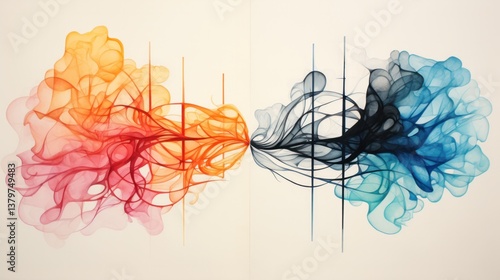 A brain divided into left and right sections, the left side with minimalist, monochrome grids, and the right side