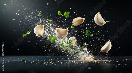 Aromatic Dance: Garlic Cloves in mid-air amidst herbs and seasonings