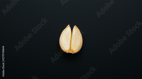 Garlic clove on black background: A close-up shot showcases a single, pristine garlic clove, its segments delicately separated against a solid, dark backdrop.