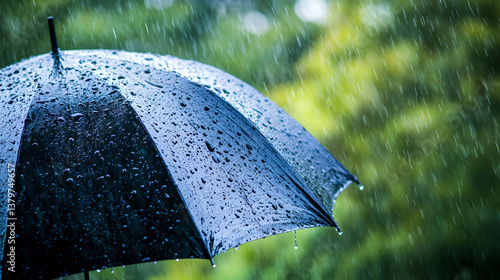 Umbrella Under a Downpour, Shielding from the Rain, a Moment of Protection and Isolation Amidst a Blurry, Green Backdrop.