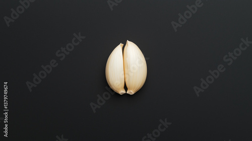 Garlic Clove: A pair of fresh garlic cloves sit on a dark, creating a striking contrast, perfect for culinary or health-related themes.