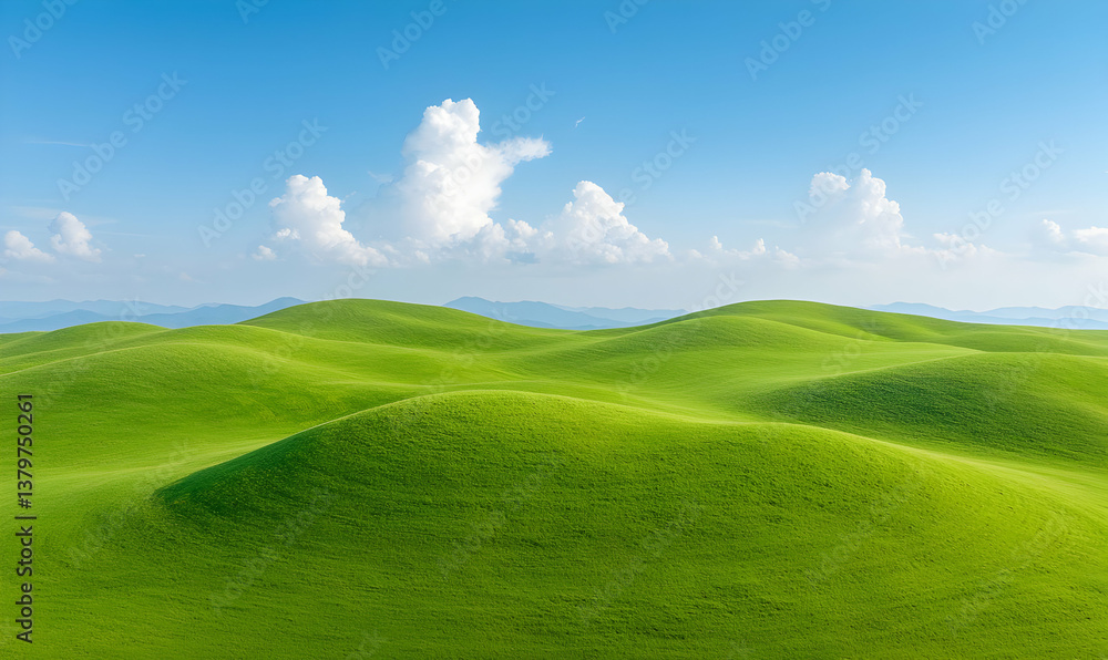 Lush Green Fields with Rolling Hills Under Bright Blue Sky Lush Green Fields with Rolling Hills Under Bright Blue Sky