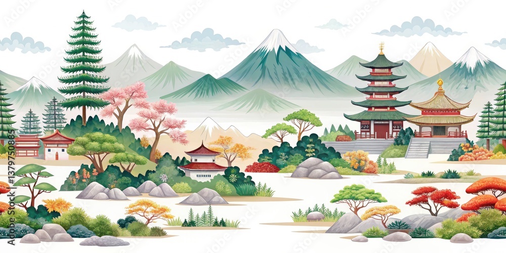 Fototapeta premium Serene Japanese Landscape Portrait Photography: Mount Fuji, Cherry Blossoms, Bamboo Forest, Autumn Leaves, Rice Paddy