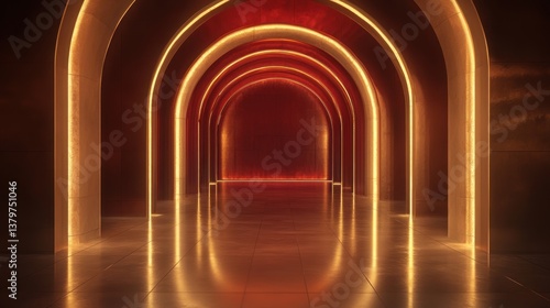 Illuminated Archway: A Captivating Passage of Golden Light and Crimson Walls