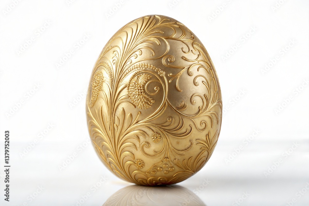 Elegant golden egg with intricate ornamental floral patterns standing upright on a reflective white surface, symbolizing luxury, celebration, and festive decoration Elegant golden egg with intricate ornamental floral patterns standing upright on a reflective white surface, symbolizing luxury, celebration, and festive decoration