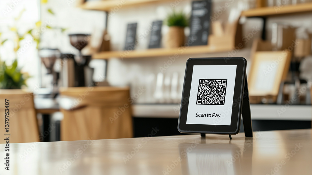 Modern Payment System: A close-up view showcases a tablet displaying a QR code for contactless payment, set on a stylish counter with a blurred cafe interior in the background. Modern Payment System: A close-up view showcases a tablet displaying a QR code for contactless payment, set on a stylish counter with a blurred cafe interior in the background.