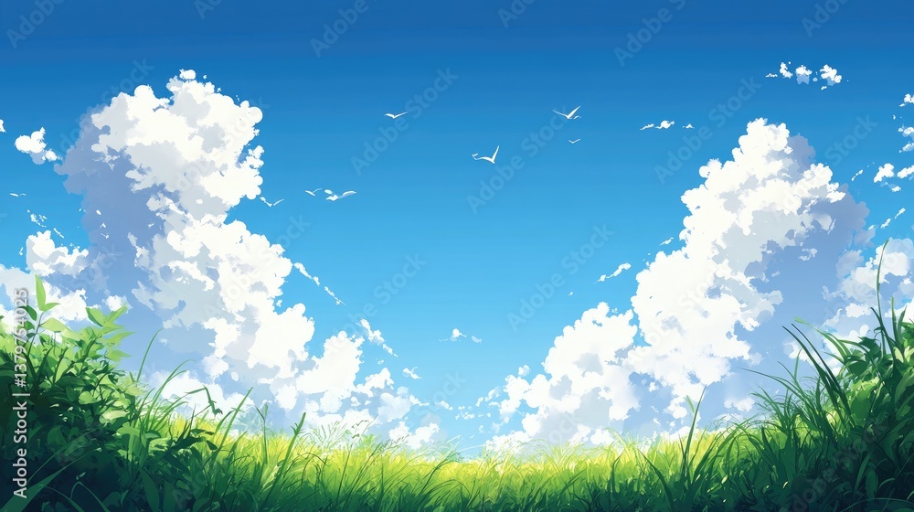 A deep blue sky over a green meadow, forming a perfect natural contrast A deep blue sky over a green meadow, forming a perfect natural contrast