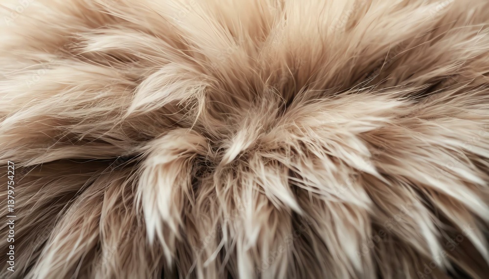 Fototapeta premium Close-up view of soft, fluffy fur in a warm beige hue. The texture and detail enhance the natural beauty of this animal's coat, evoking comfort and warmth.