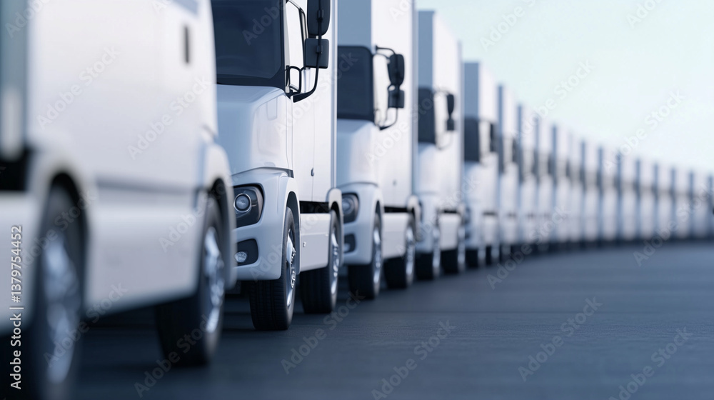 a neat row of white trucks, receding into the distance, showing the details of their wheels and headlights. commercial transport and logistics. a neat row of white trucks, receding into the distance, showing the details of their wheels and headlights. commercial transport and logistics.