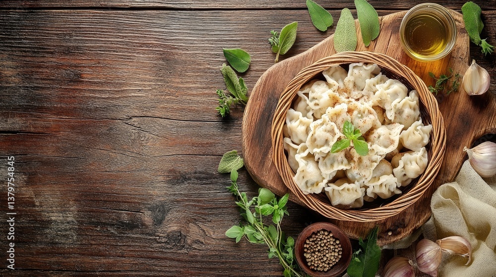 A dumpling basket surrounded by fresh herbs and spices on a wooden board A dumpling basket surrounded by fresh herbs and spices on a wooden board