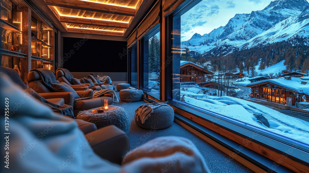 Fototapeta premium cozy and warm interior space with comfortable seating, large windows showcasing snowy mountain landscape, and serene atmosphere. scene evokes relaxation and tranquility