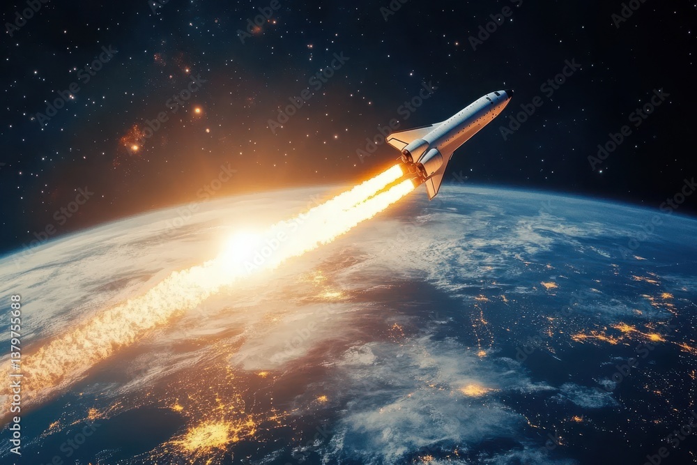 Space shuttle ascends and leaves trails of fire in orbit around planet Earth at dawn, Space shuttle in orbit around planet Earth Space shuttle ascends and leaves trails of fire in orbit around planet Earth at dawn, Space shuttle in orbit around planet Earth