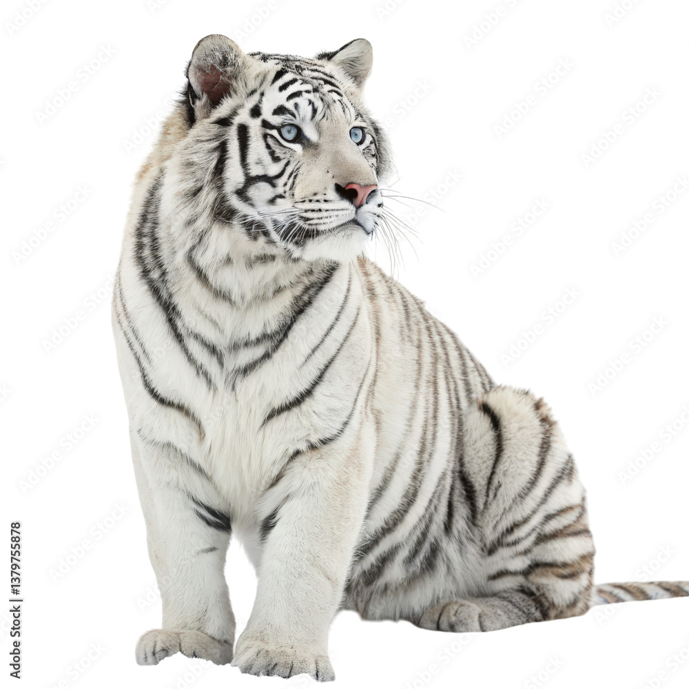 Obraz premium Rare White Tiger Sitting Majestically with Icy Blue Eyes Isolated on White