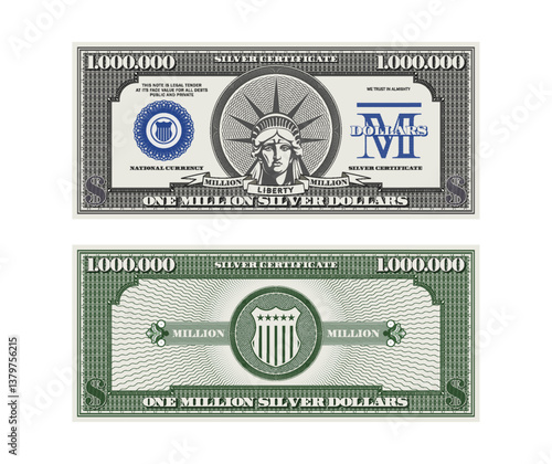 Vector vintage gaming banknote obverse and reverse with head of statue, denominations of one million silver dollars. Money nominal of 10000000. Part 5