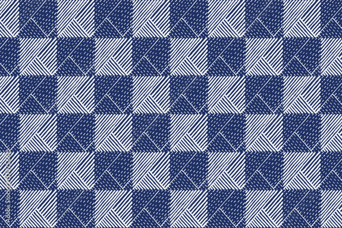 Crafted hand drawn brush lines abstract stitching check pattern, Japanese traditional embroidery, weaving textured background in white and blue, simple and humble graphic for textile, carpet