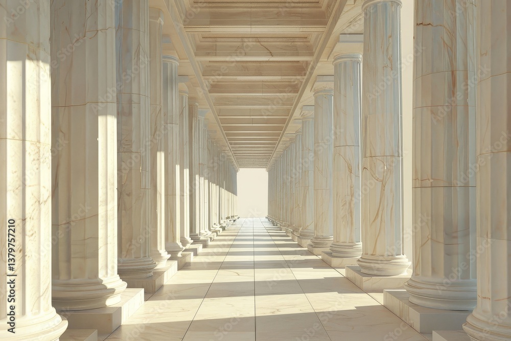 Fototapeta premium A long corridor lined with white marble columns creates a symmetrical and balanced architectural space, Explore the concept of symmetry and balance in Greek architecture through digital art