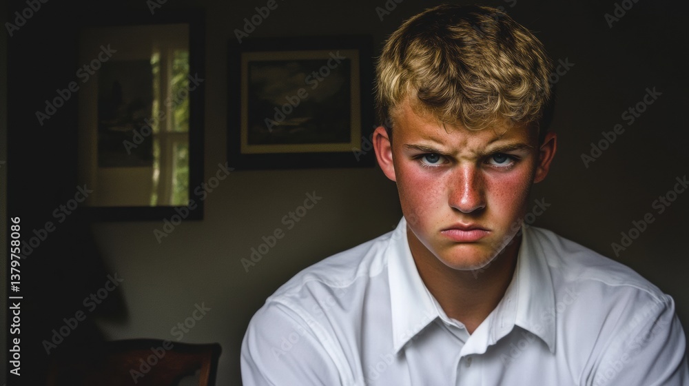 Serious Portrait of a Teenager with an Angry Expression in Low Light Serious Portrait of a Teenager with an Angry Expression in Low Light