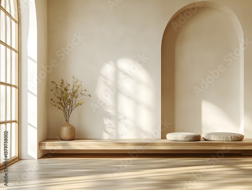 A serene minimalist interior features a wooden bench with cushions near an arched alcove and large window letting in natural sunlight illuminating the peaceful space.