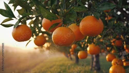 Golden Oranges on the Tree: Ripe, juicy oranges hang from the branches of a tree in an orchard, bathed in the warm, soft light of dawn.