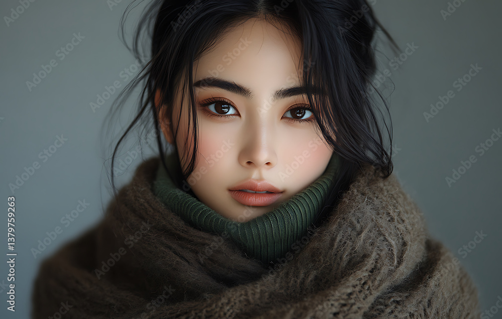 captivating portrait of beautiful woman with long dark hair, wrapped in cozy shawl, exuding warmth and elegance. Her expressive eyes and soft features create inviting atmosphere captivating portrait of beautiful woman with long dark hair, wrapped in cozy shawl, exuding warmth and elegance. Her expressive eyes and soft features create inviting atmosphere