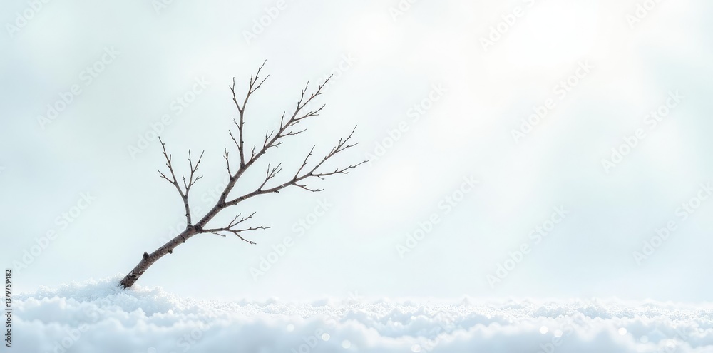 A single branch stretching towards the top left corner of a snowy white surface, pure, isolated, branches A single branch stretching towards the top left corner of a snowy white surface, pure, isolated, branches