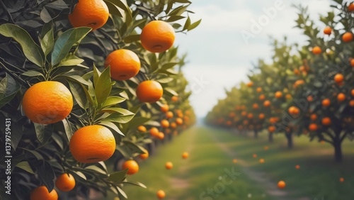 Orchard Abundance: Vibrant orange fruits hang heavily from the branches of thriving orange trees, creating a scene of agricultural prosperity.