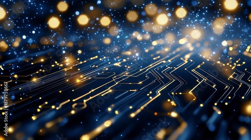 Abstract Digital Background with Glowing Circuits and Glittering Lights in Blue and Gold
