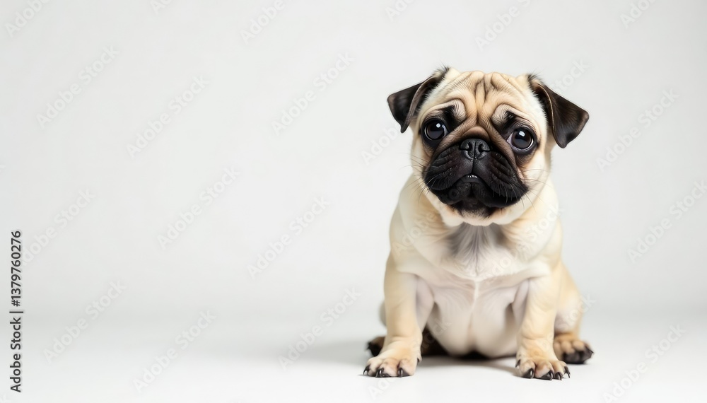 Obraz premium A single, endearing pug poses on a clean white background, isolated, isolated dog, small dog